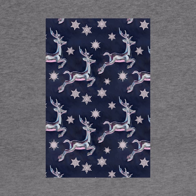 Silver Snowflakes & Happy Reindeer in Navy Blue & Pink by micklyn